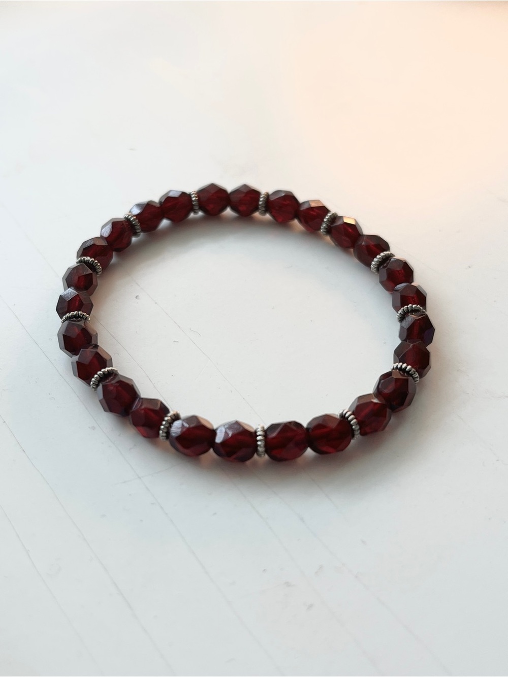 Faceted Garnet Red Beaded Stretch Bracelet - Unbranded